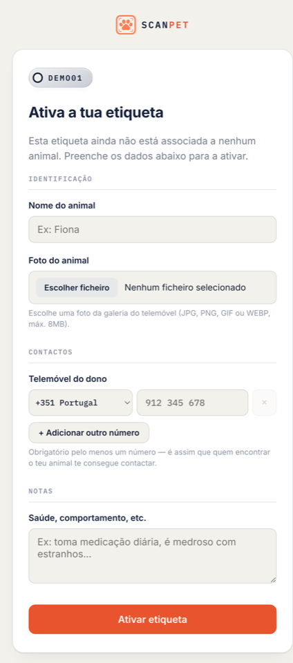 Formulário de ativação da etiqueta ScanPet